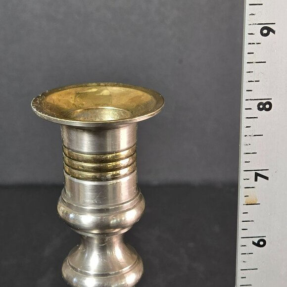Vintage Solid Brass Two-Tone Taper Candle Holder w Goldtone Accent Rings India - Picture 8 of 13